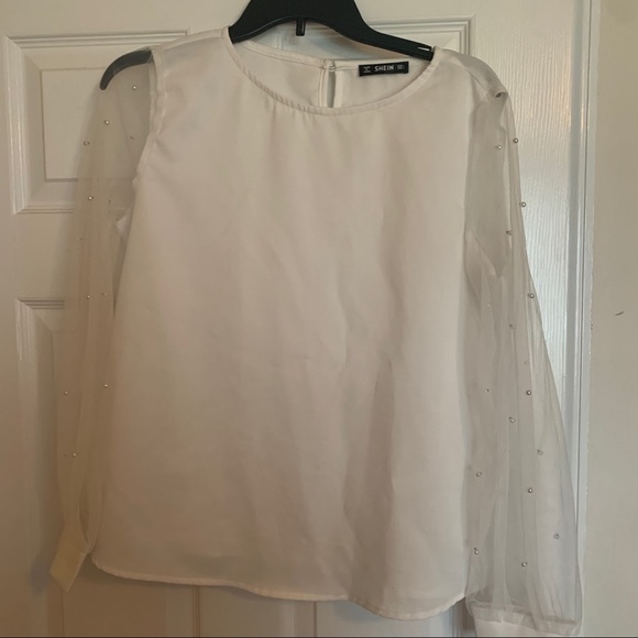 SHEIN WHITE BLOUSE SHEER SLEEVES PEARL DERAIL - Picture 1 of 3